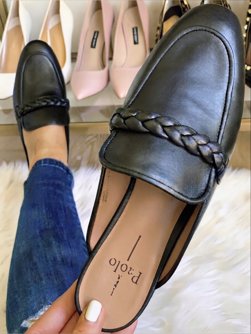 NWT Linea Paolo Black Braided-Trim Leather Backless Slip On Loafers Size 12